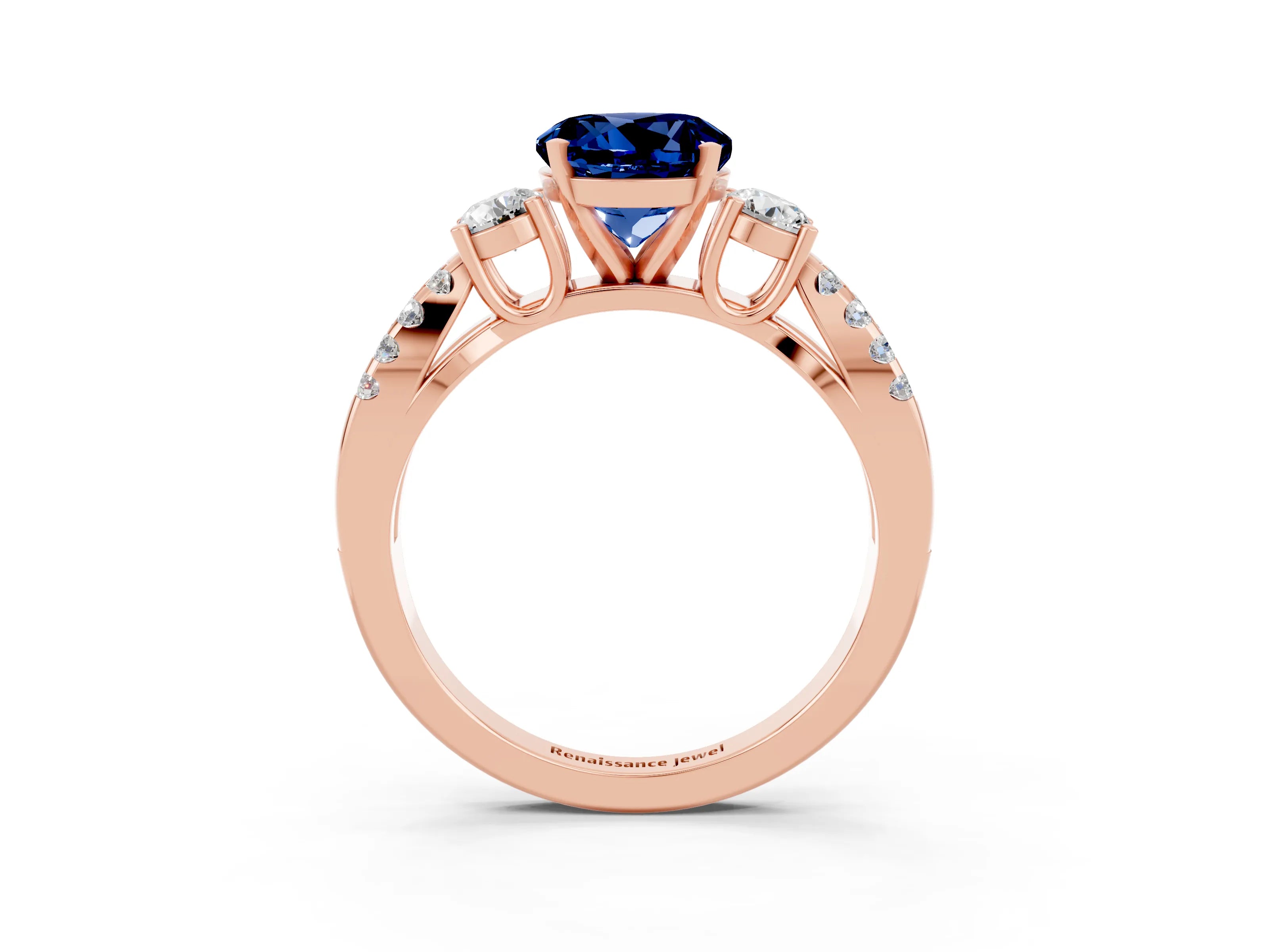 Rose gold Round Cut Blue Sapphire Three-Stone Ring with Pavé Split Shank and Four-Prong Setting_3