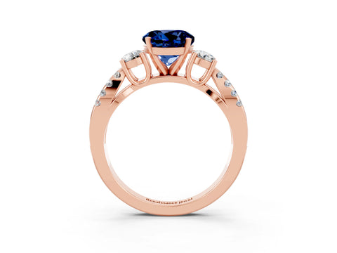 Rose gold Round Cut Blue Sapphire Three-Stone Ring with Pavé Split Shank and Four-Prong Setting_3