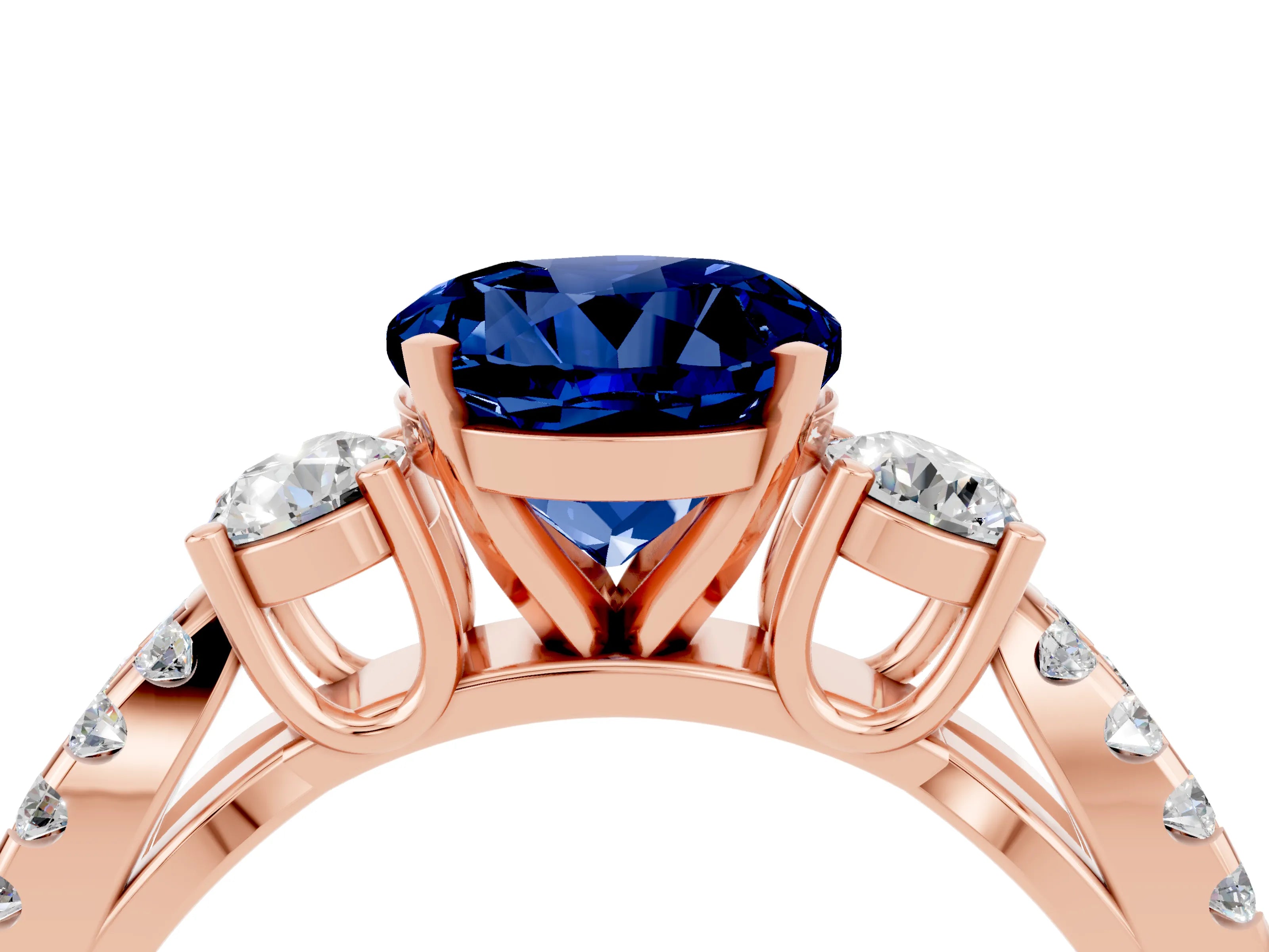 Rose gold Round Cut Blue Sapphire Three-Stone Ring with Pavé Split Shank and Four-Prong Setting_4