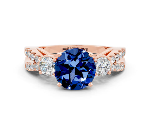 Rose gold Round Cut Blue Sapphire Three-Stone Ring with Pavé Split Shank and Four-Prong Setting