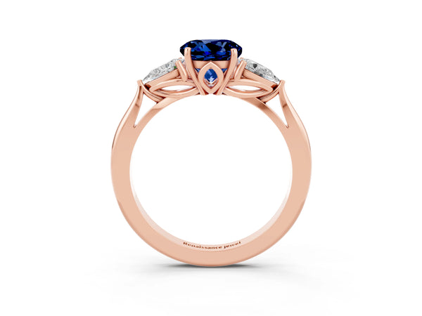 Rose gold Round Cut Blue Sapphire Three-Stone Ring with Pear  Side Stones and Prong Setting