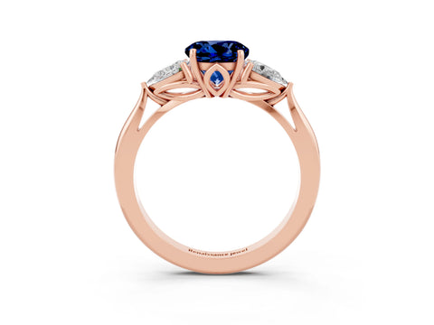 Rose gold Round Cut Blue Sapphire Three-Stone Ring with Pear Side Stones and Four-Prong Setting_15