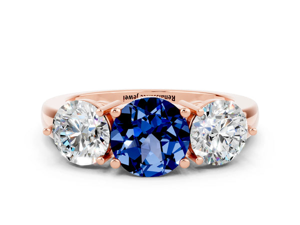 Rose gold Round Cut Blue Sapphire Three-Stone Ring with Prong Setting and Classic Band