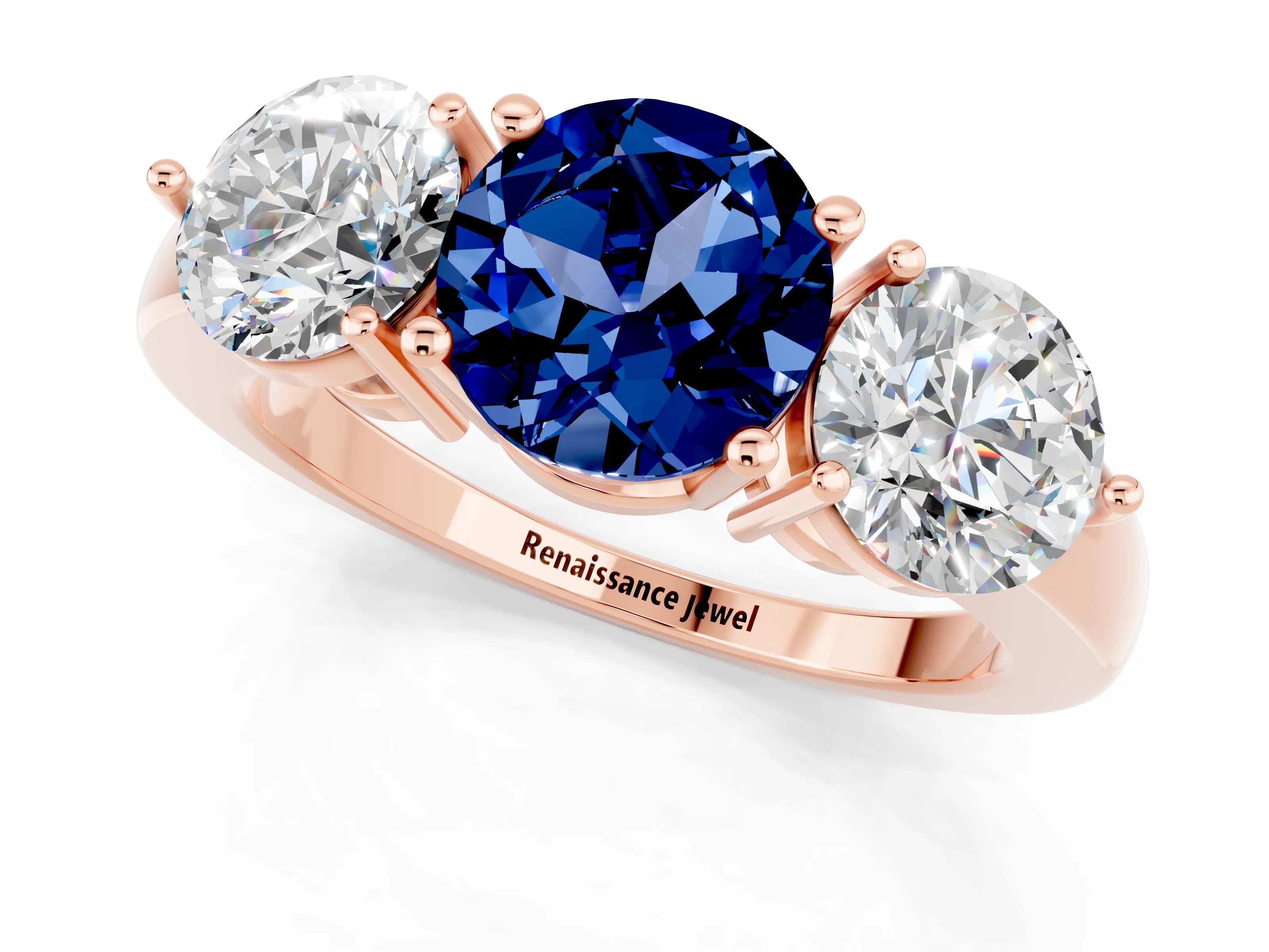 Rose gold Round Cut Blue Sapphire Three-Stone Ring with Prong Setting and Classic Band_1