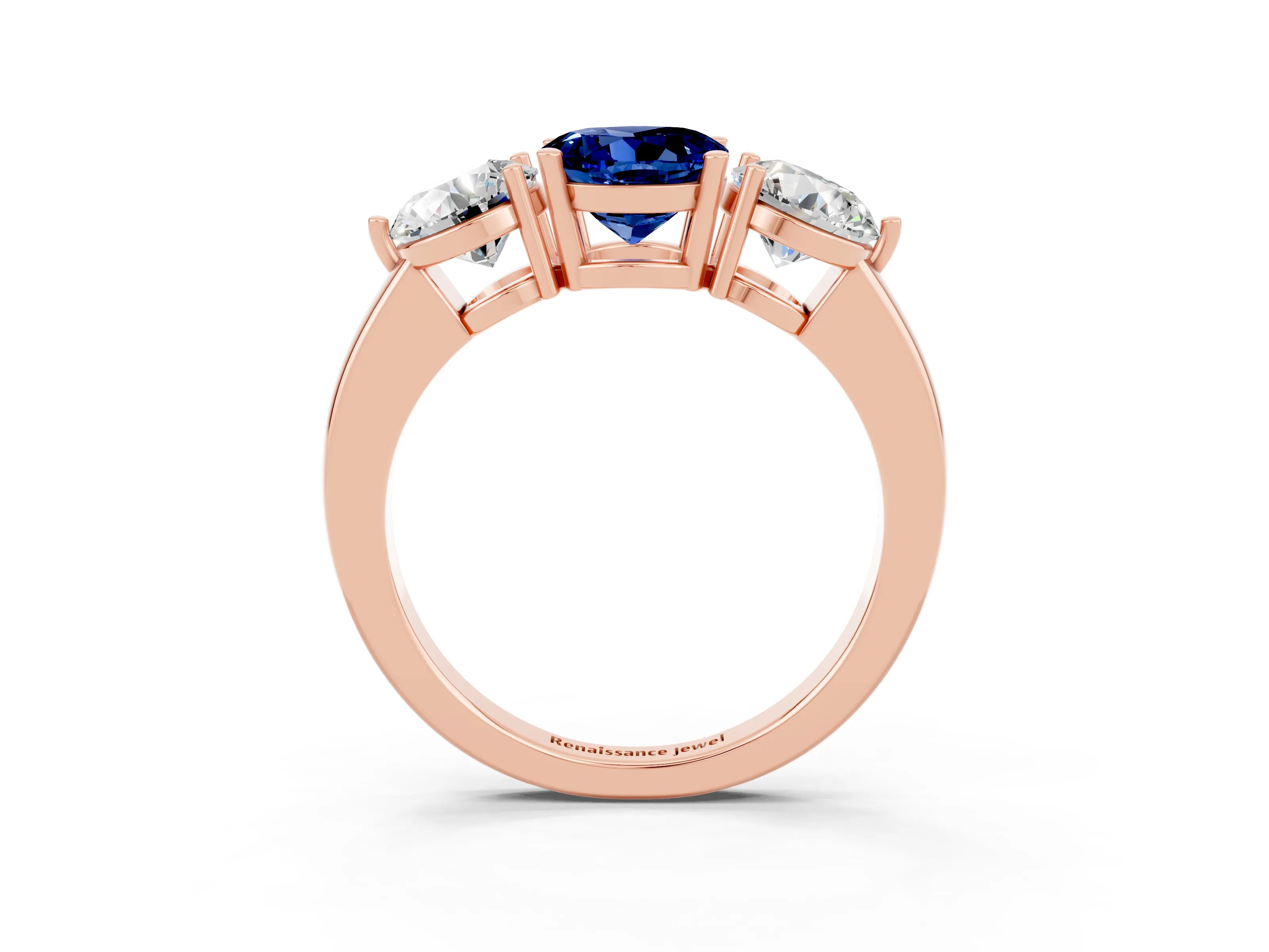 Rose gold Round Cut Blue Sapphire Three-Stone Ring with Prong Setting and Classic Band_3