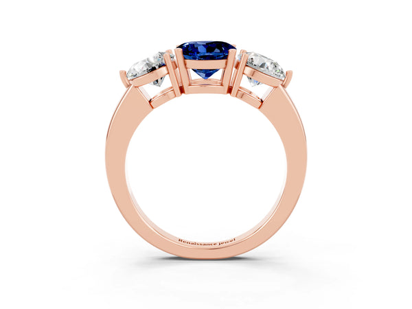 Rose gold Round Cut Blue Sapphire Three-Stone Ring with Prong Setting and Classic Band