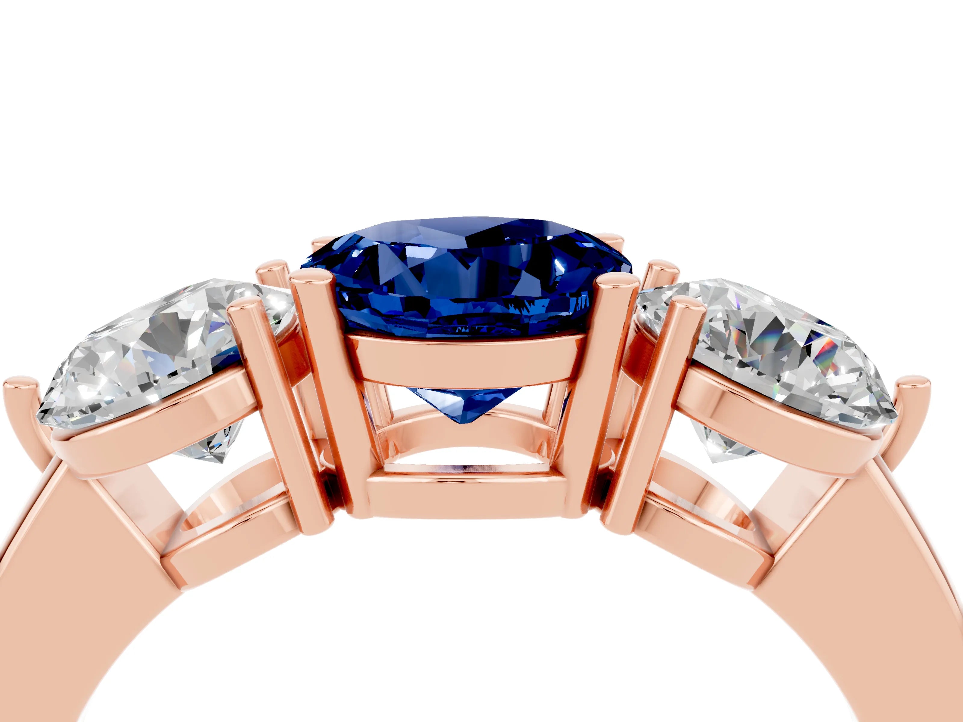 Rose gold Round Cut Blue Sapphire Three-Stone Ring with Prong Setting and Classic Band_4