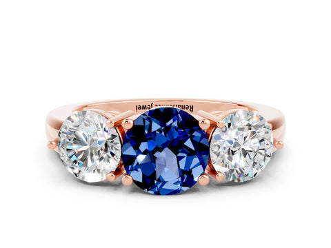 Rose gold Round Cut Blue Sapphire Three-Stone Ring with Prong Setting and Classic Band