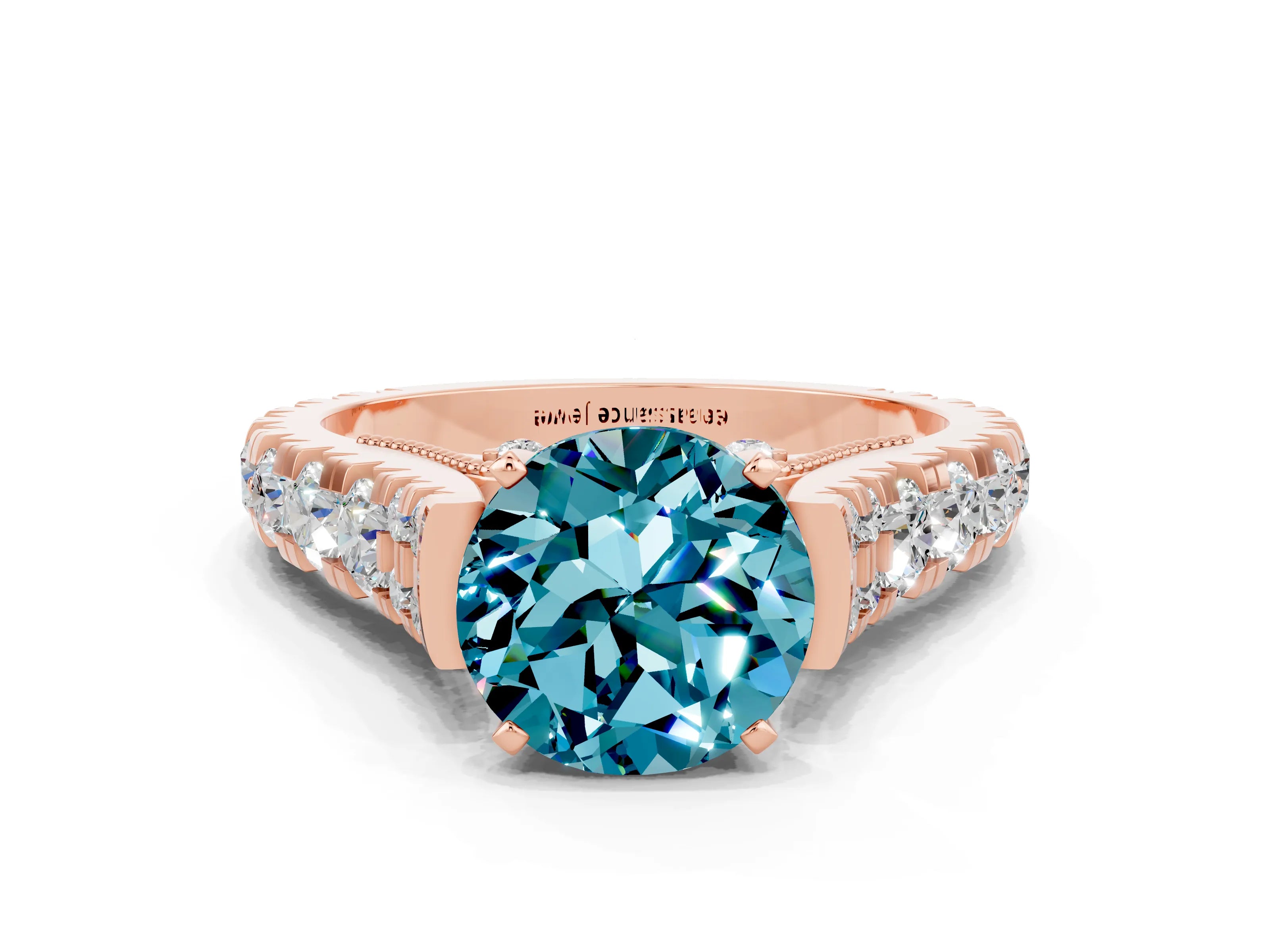 Rose gold Round Cut Blue Topaz Classic Solitaire Ring with Pavé Band and Four-Prong Setting