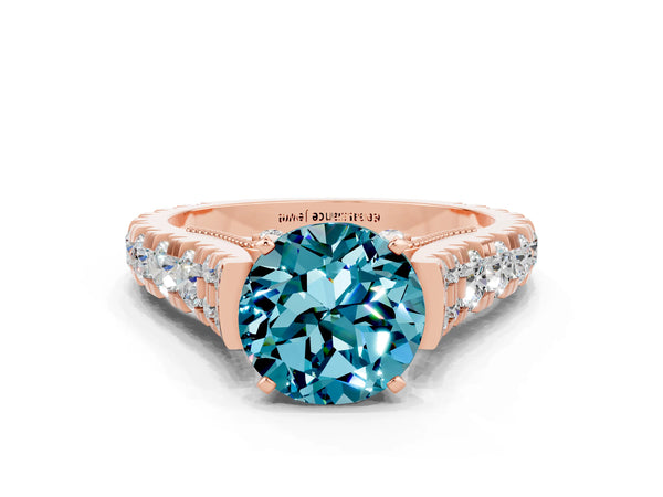 Rose gold Round Cut Blue Topaz Classic Solitaire Ring with Pavé Band and Four-Prong Setting