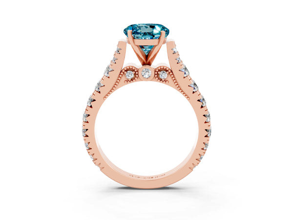 Rose gold Round Cut Blue Topaz Classic Solitaire Ring with Pavé Band and Four-Prong Setting