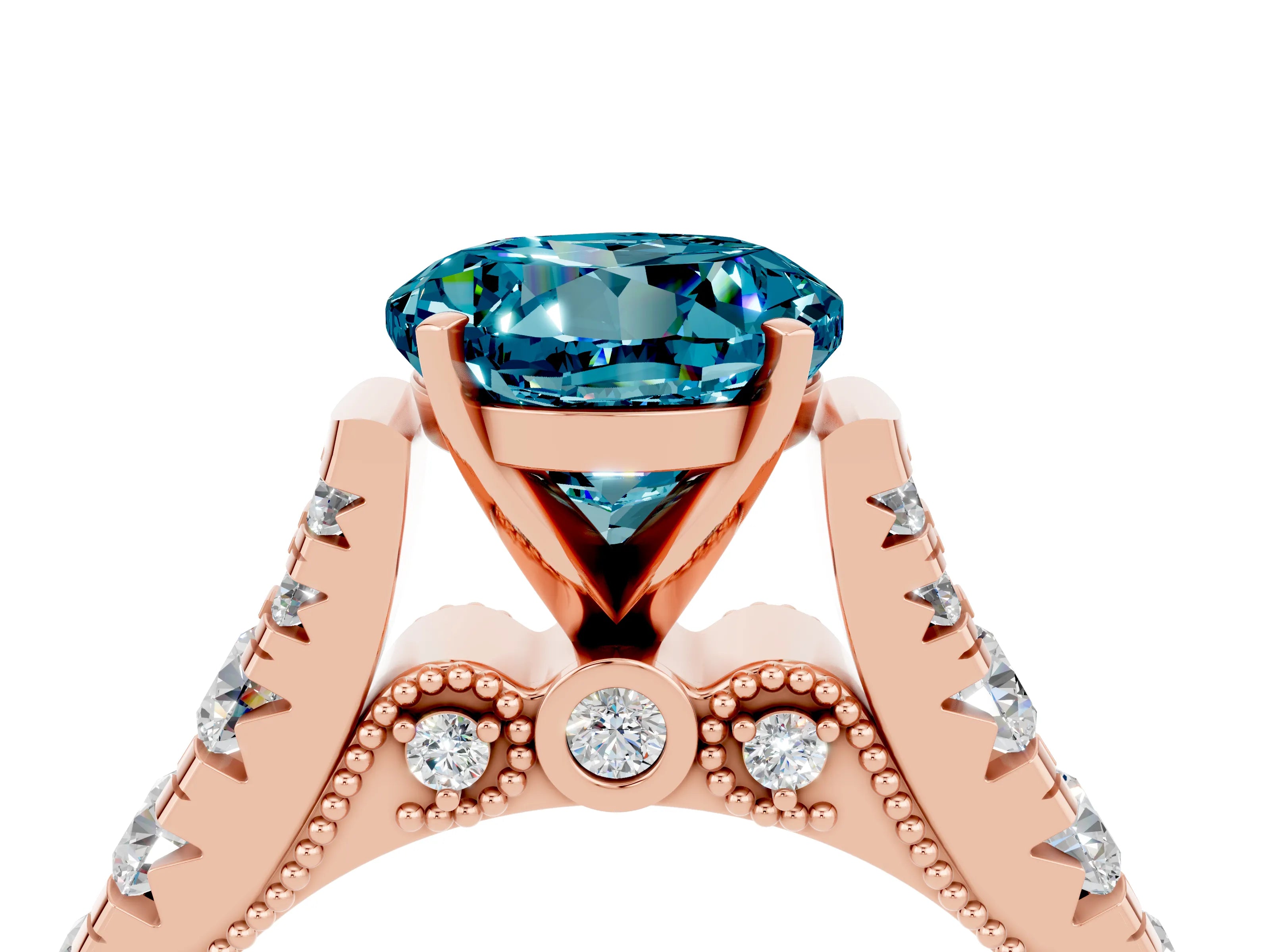 Rose gold Round Cut Blue Topaz Classic Solitaire Ring with Pavé Band and Four-Prong Setting_4