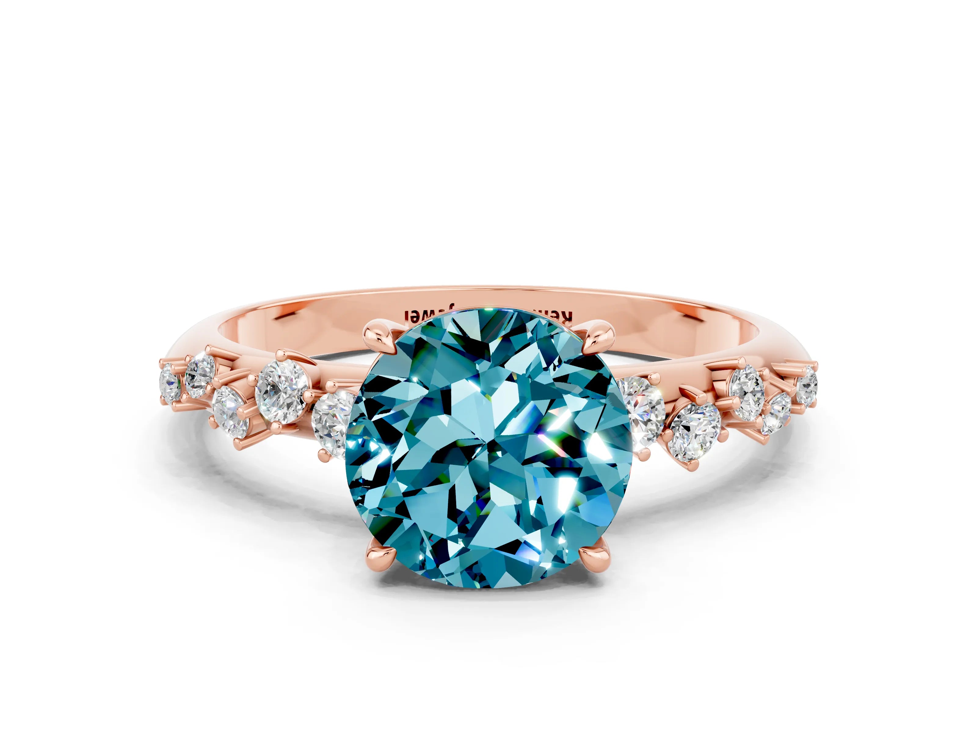 Rose gold Round Cut Blue Topaz Cluster Side Stone Solitaire Ring with Prong Setting_24