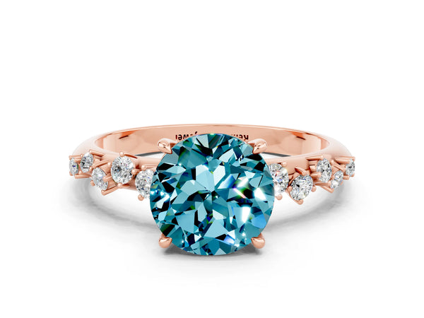 Rose gold Round Cut Blue Topaz Cluster Side Stone Solitaire Ring with Prong Setting