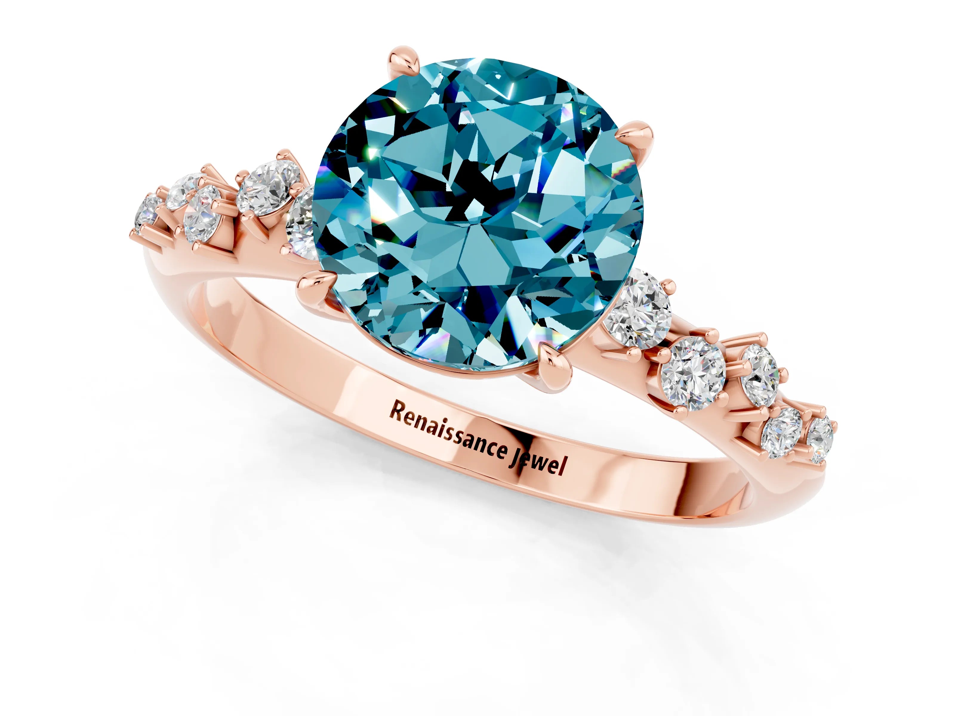 Rose gold Round Cut Blue Topaz Cluster Side Stone Solitaire Ring with Prong Setting_25