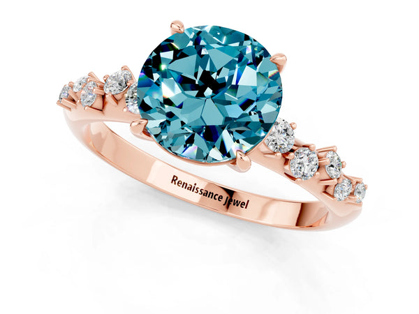 Rose gold Round Cut Blue Topaz Cluster Side Stone Solitaire Ring with Prong Setting