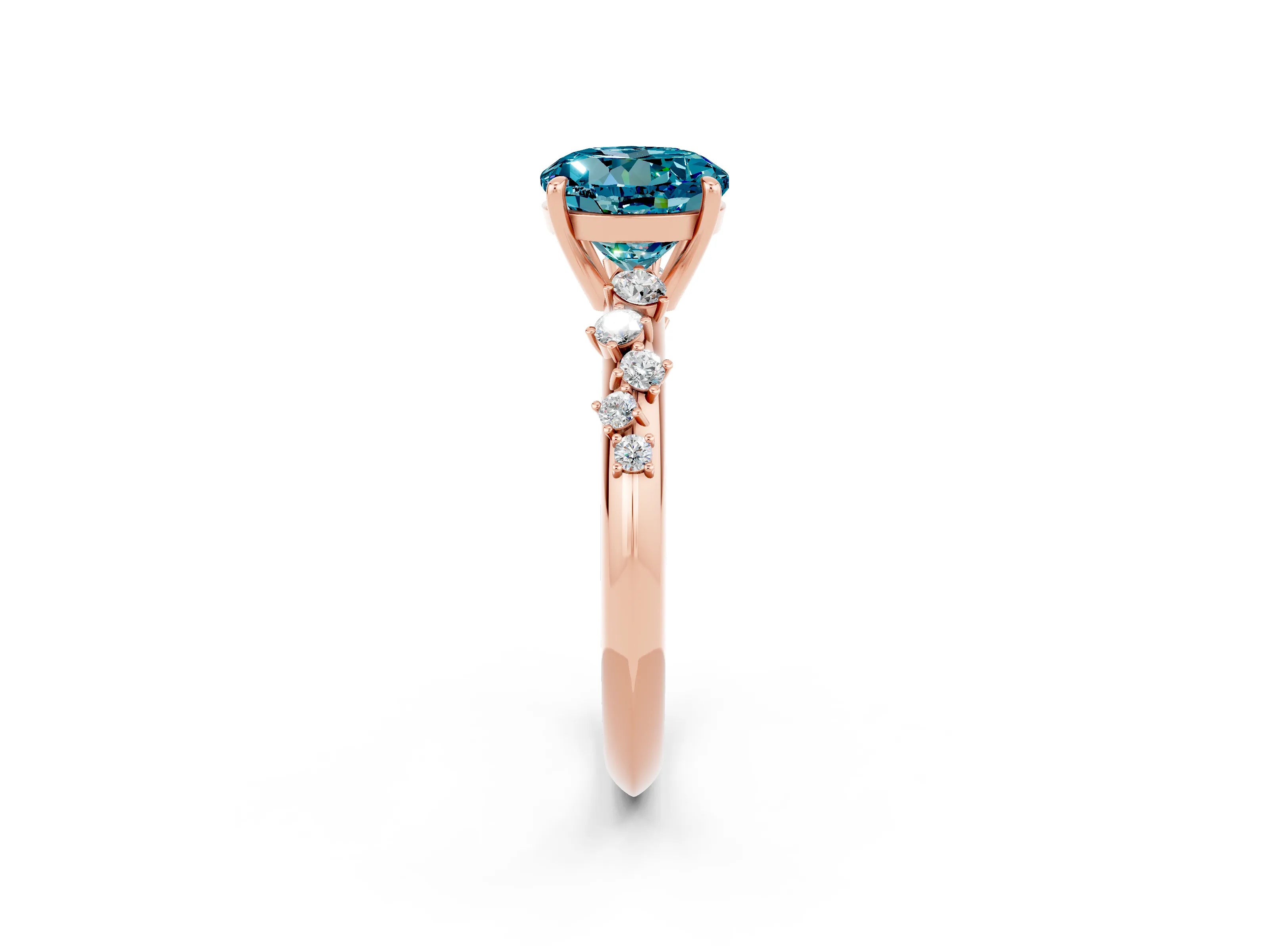 Rose gold Round Cut Blue Topaz Cluster Side Stone Solitaire Ring with Prong Setting_26