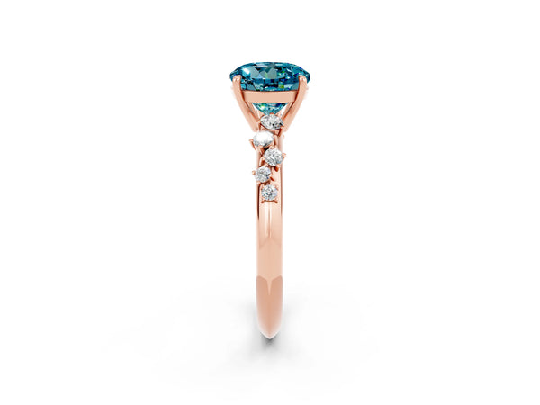 Rose gold Round Cut Blue Topaz Cluster Side Stone Solitaire Ring with Prong Setting