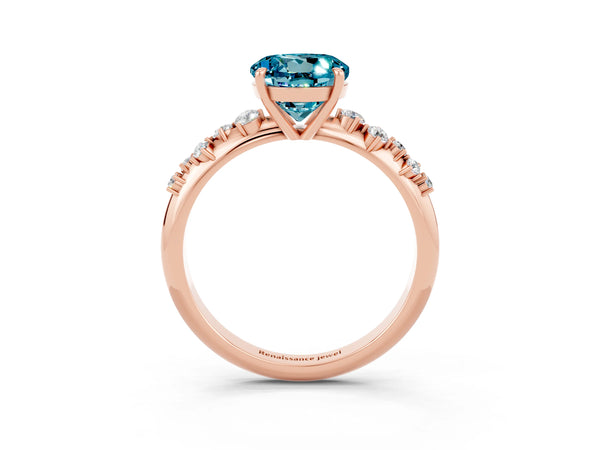 Rose gold Round Cut Blue Topaz Cluster Side Stone Solitaire Ring with Prong Setting