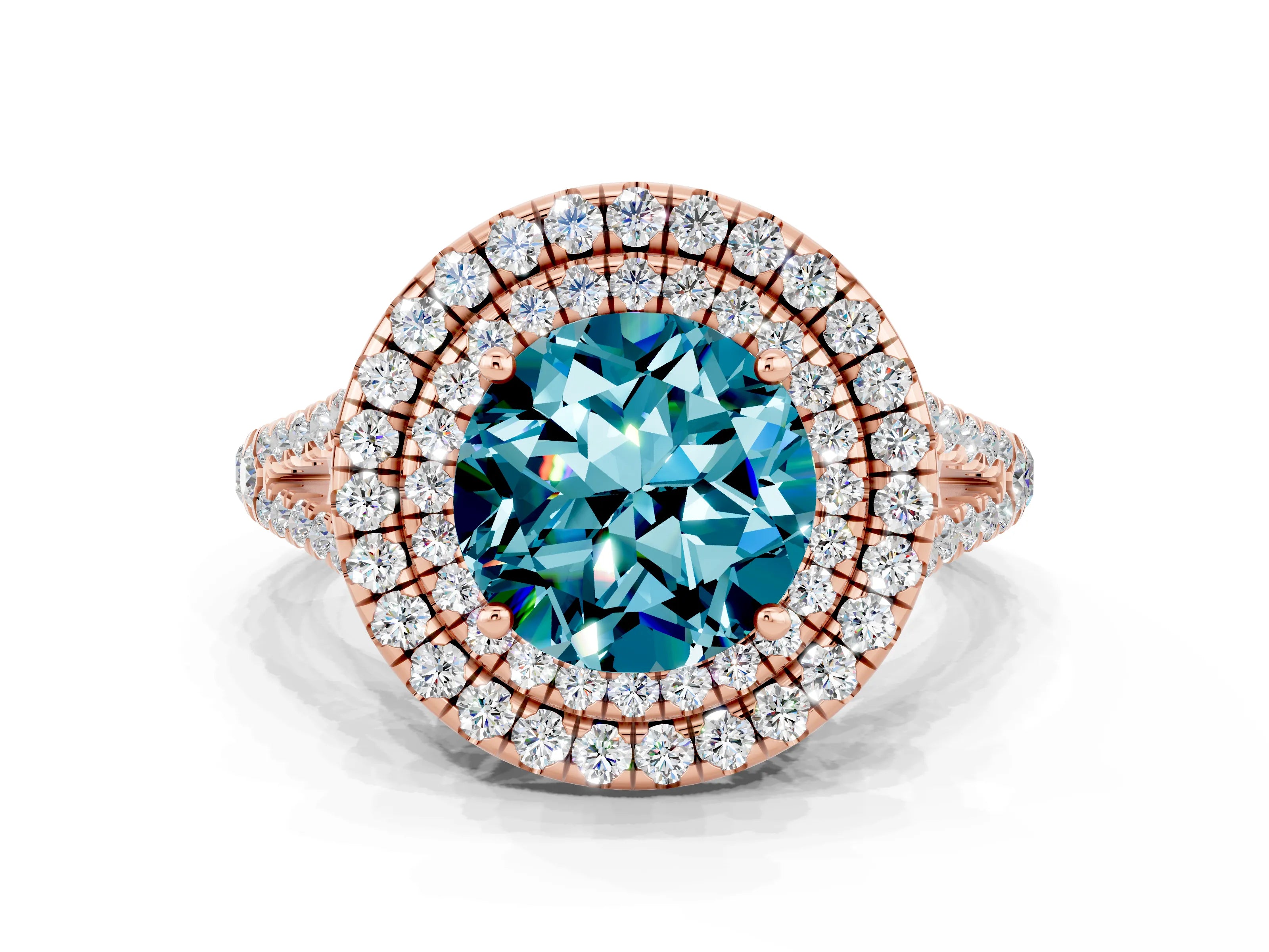 Rose gold Round Cut Blue Topaz Double Halo Ring with Pavé Band and Prong Setting_12