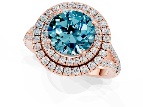 Rose gold Round Cut Blue Topaz Double Halo Ring with Pavé Band and Prong Setting_13