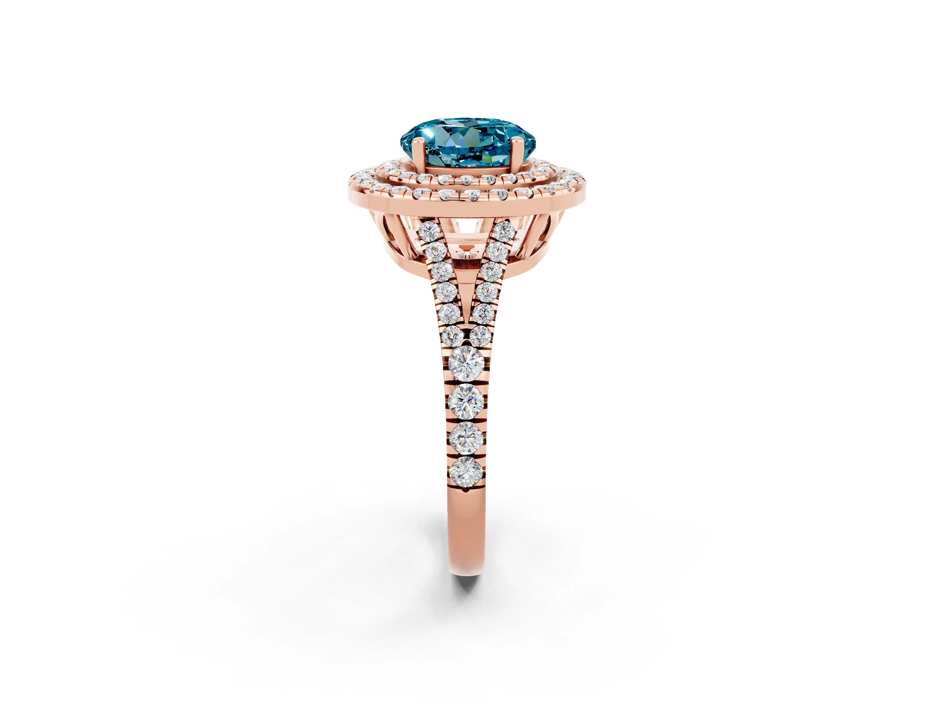 Rose gold Round Cut Blue Topaz Double Halo Ring with Pavé Band and Prong Setting_14