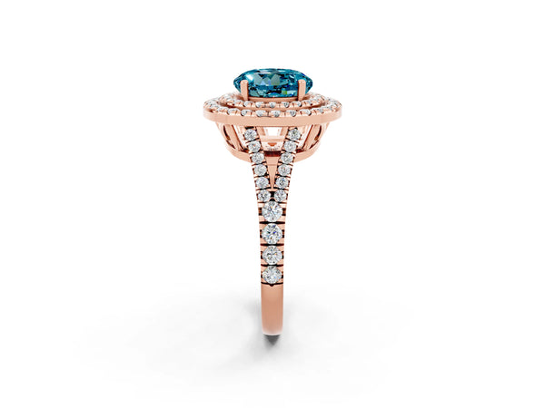 Rose gold Round Cut Blue Topaz Double Halo Ring with Pavé Band and Prong Setting