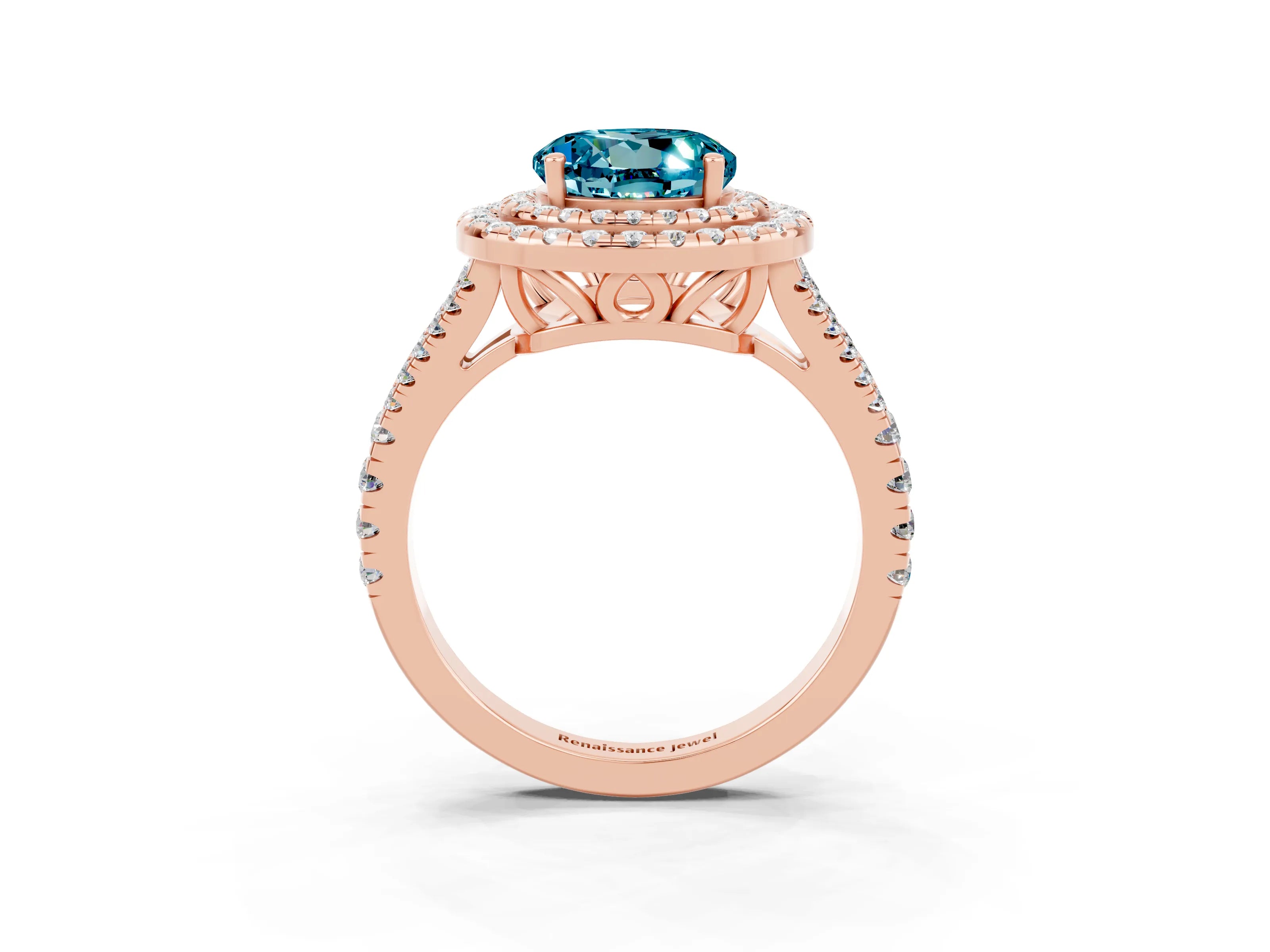 Rose gold Round Cut Blue Topaz Double Halo Ring with Pavé Band and Prong Setting_15