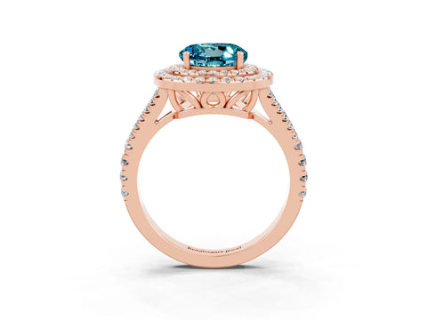 Rose gold Round Cut Blue Topaz Double Halo Ring with Pavé Band and Prong Setting_15