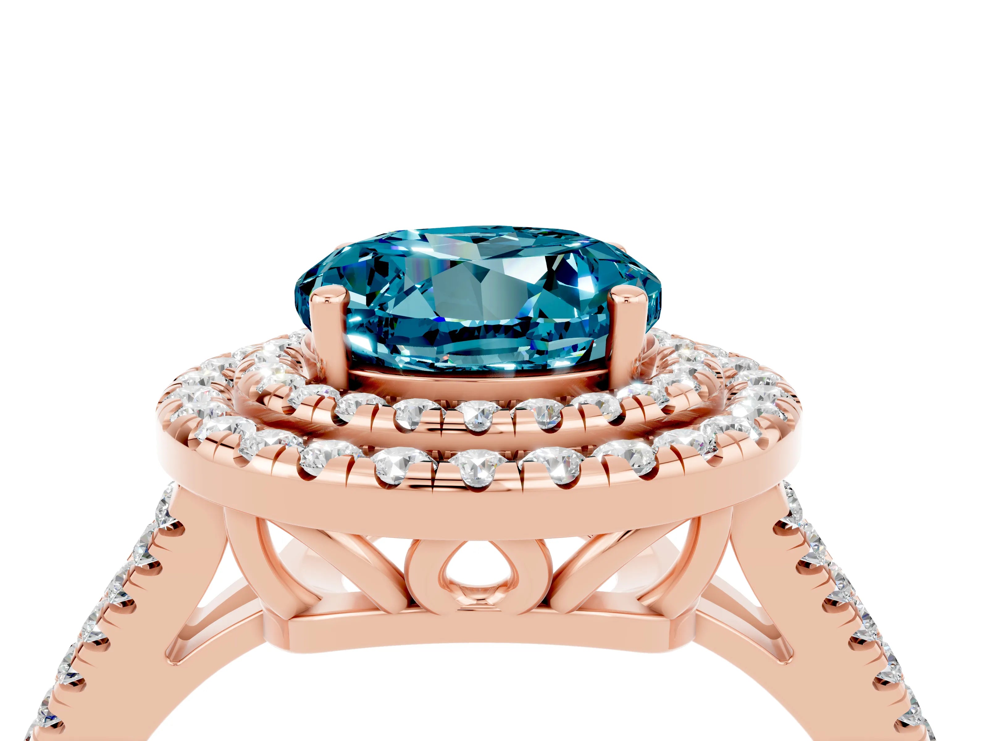 Rose gold Round Cut Blue Topaz Double Halo Ring with Pavé Band and Prong Setting_16