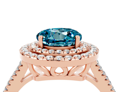 Rose gold Round Cut Blue Topaz Double Halo Ring with Pavé Band and Prong Setting_16
