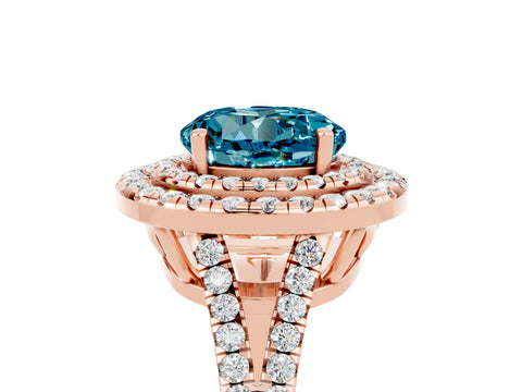 Rose gold Round Cut Blue Topaz Double Halo Ring with Pavé Band and Prong Setting_17