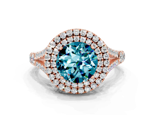 Rose gold Round Cut Blue Topaz Double Halo Ring with Split Shank and Prong Setting