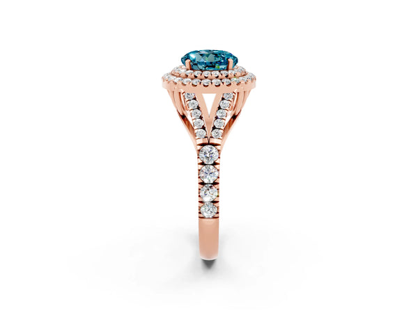 Rose gold Round Cut Blue Topaz Double Halo Ring with Split Shank and Prong Setting