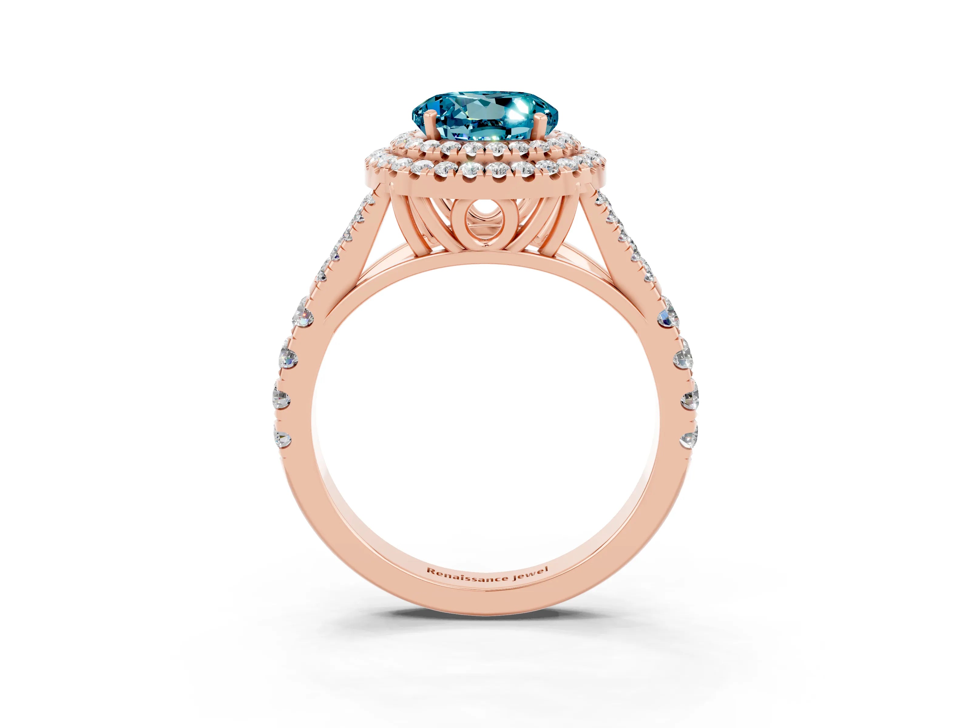 Rose gold Round Cut Blue Topaz Double Halo Ring with Split Shank and Prong Setting_15