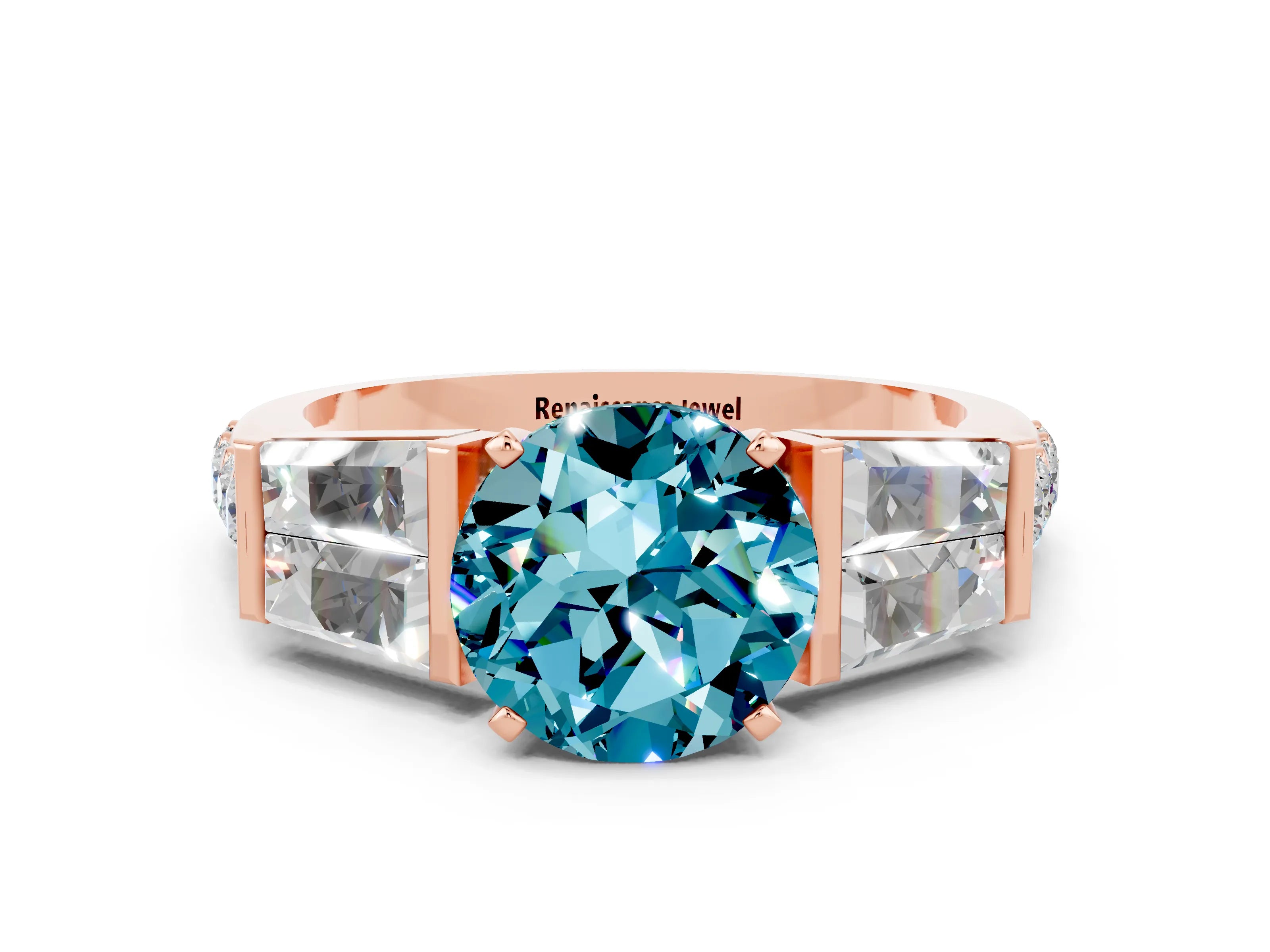 Rose gold Round Cut Blue Topaz Engagement Ring with Baguette Side Stones and Channel Set Band