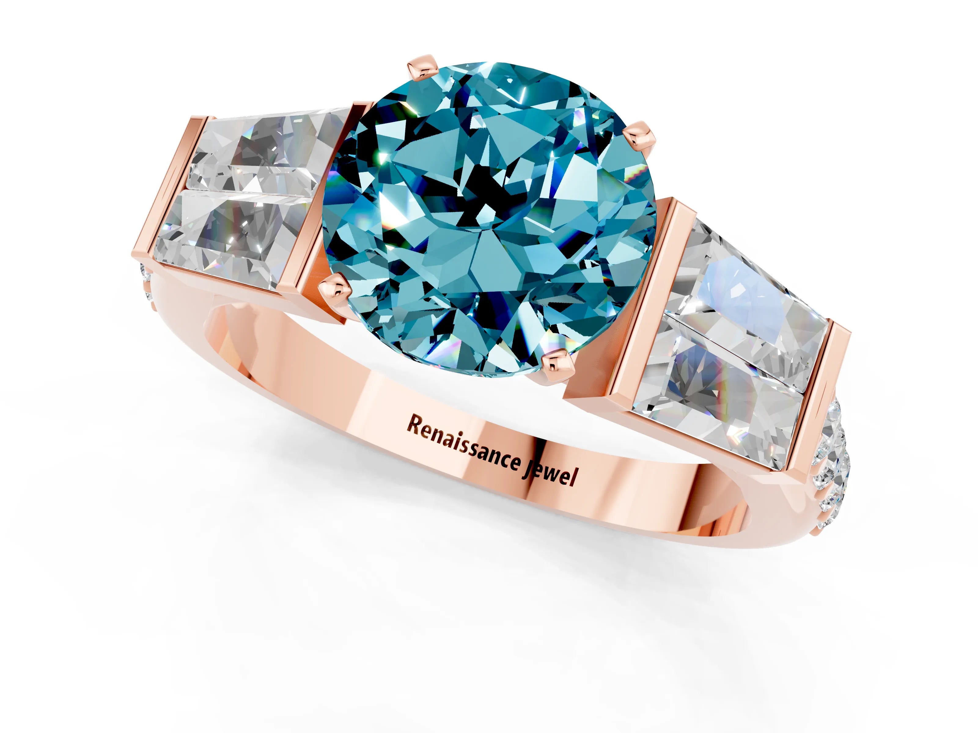Rose gold Round Cut Blue Topaz Engagement Ring with Baguette Side Stones and Channel Set Band_1