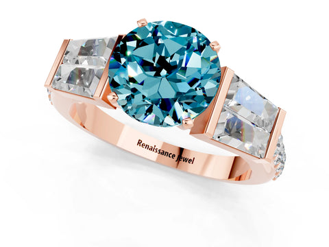 Rose gold Round Cut Blue Topaz Engagement Ring with Baguette Side Stones and Channel Set Band_1