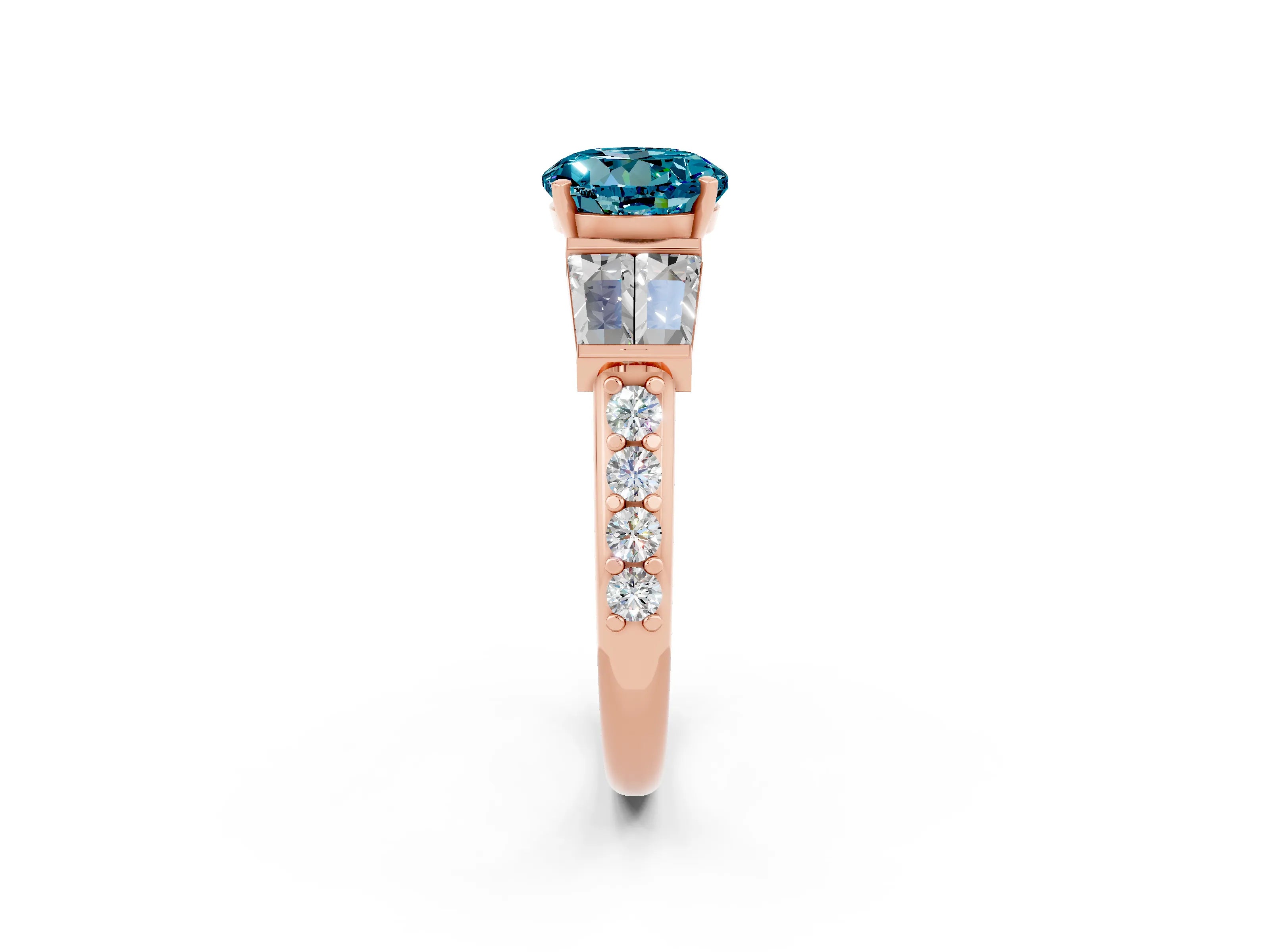 Rose gold Round Cut Blue Topaz Engagement Ring with Baguette Side Stones and Channel Set Band_2