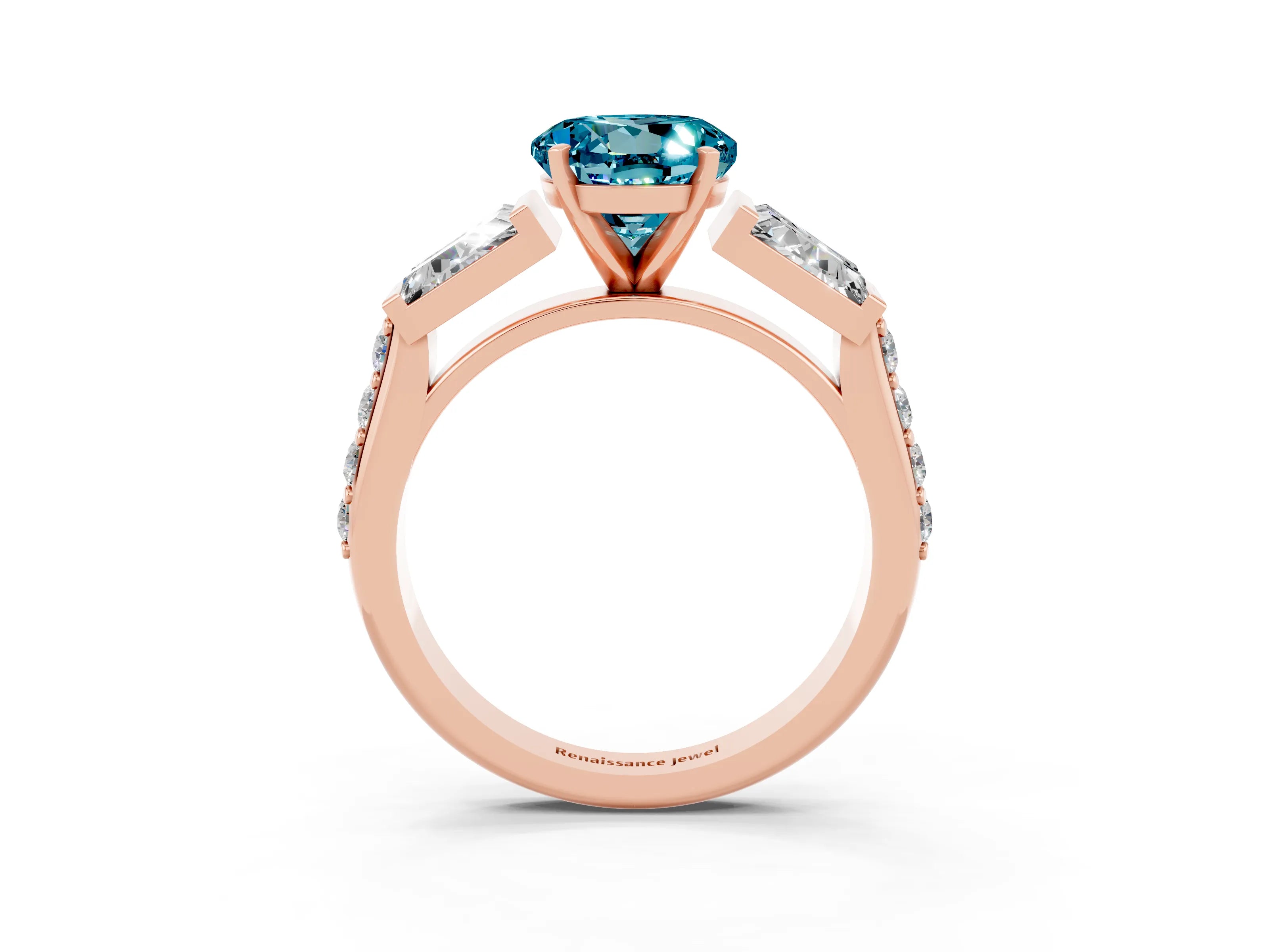 Rose gold Round Cut Blue Topaz Engagement Ring with Baguette Side Stones and Channel Set Band_3