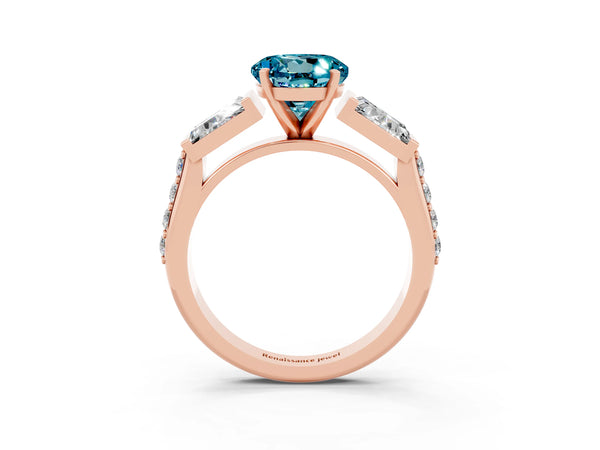 Rose gold Round Cut Blue Topaz Engagement Ring with Baguette Side Stones and Channel Set Band