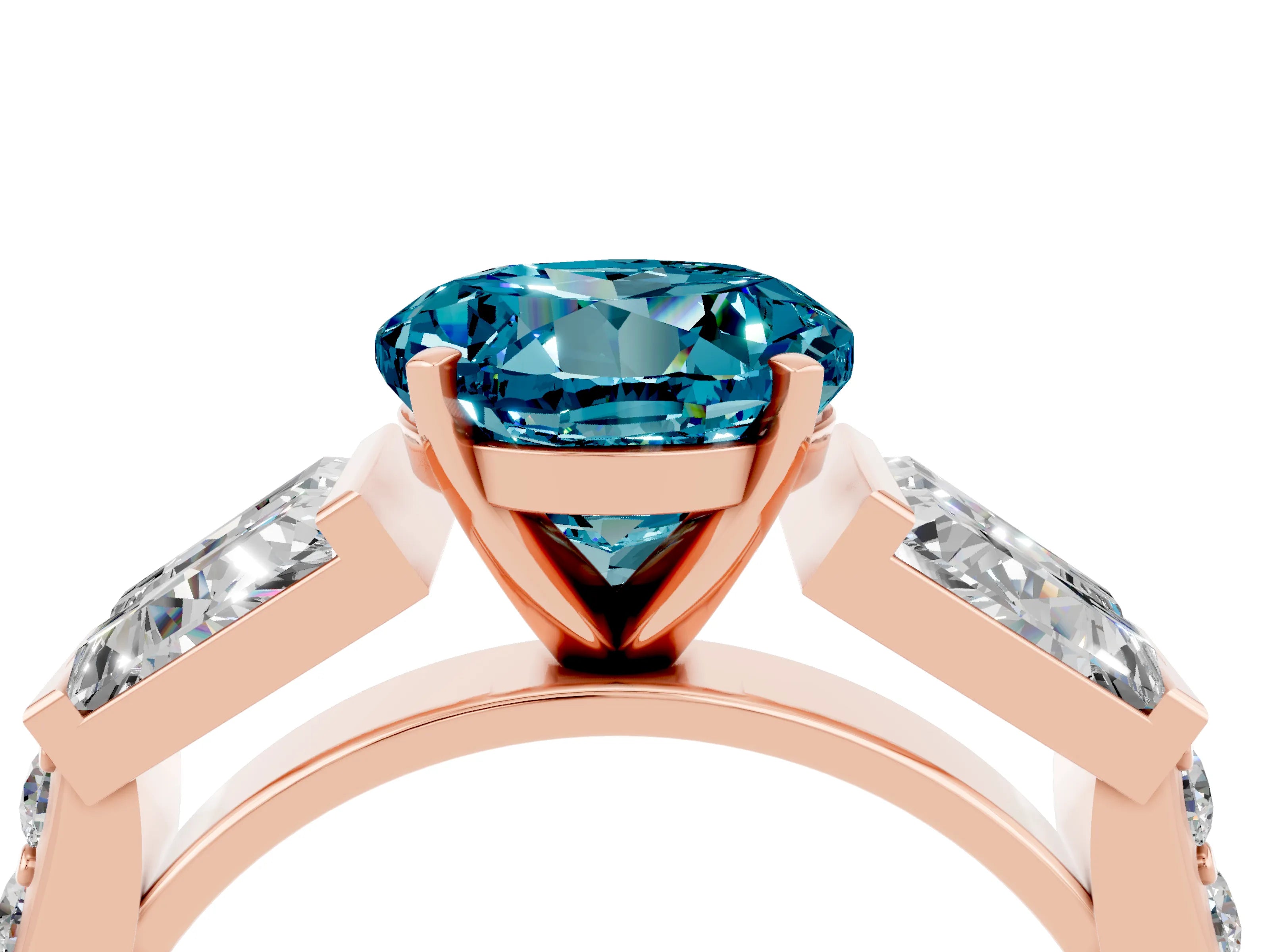 Rose gold Round Cut Blue Topaz Engagement Ring with Baguette Side Stones and Channel Set Band_4