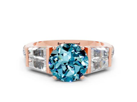 Rose gold Round Cut Blue Topaz Engagement Ring with Baguette Side Stones and Channel Set Band