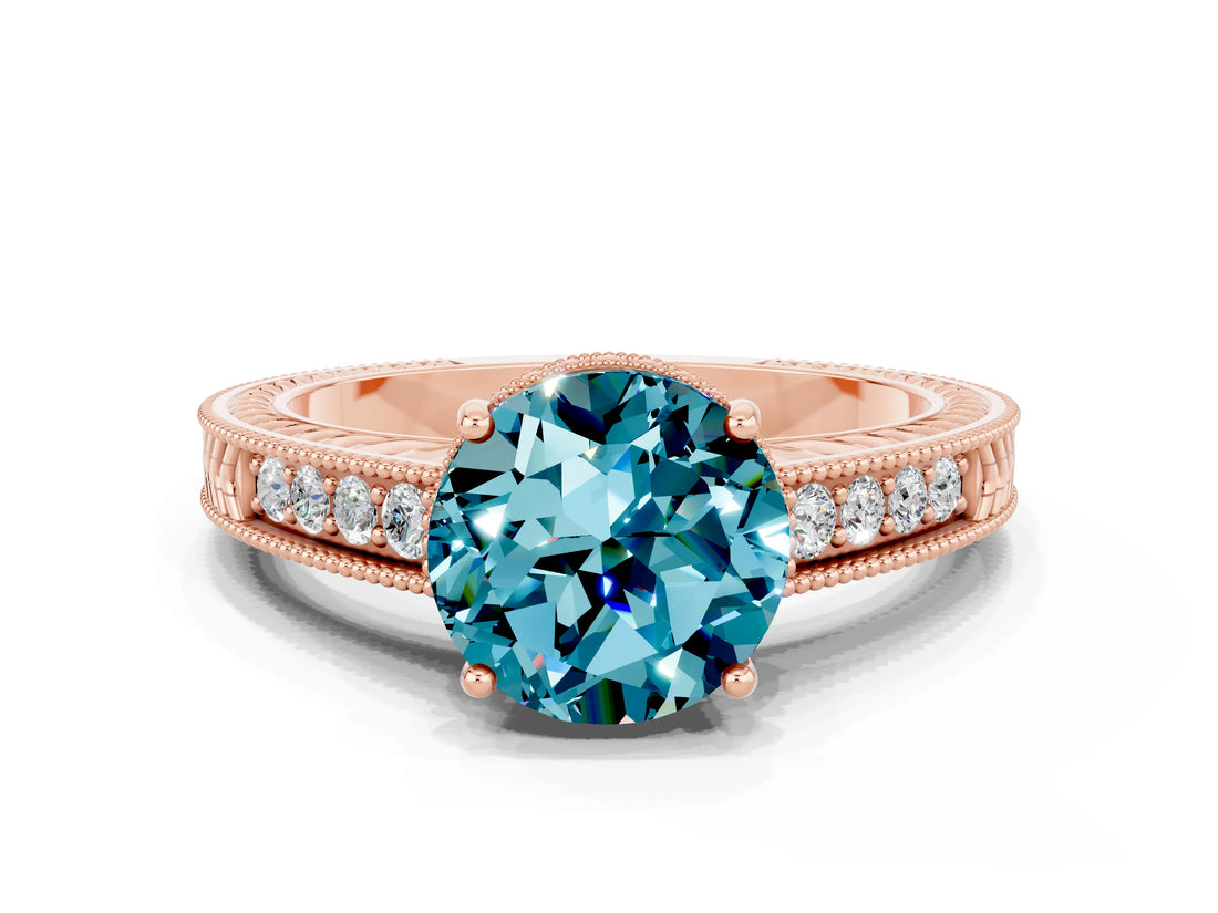 Rose gold Round Cut Blue Topaz Engagement Ring with Milgrain Channel Set Band and Prong Setting