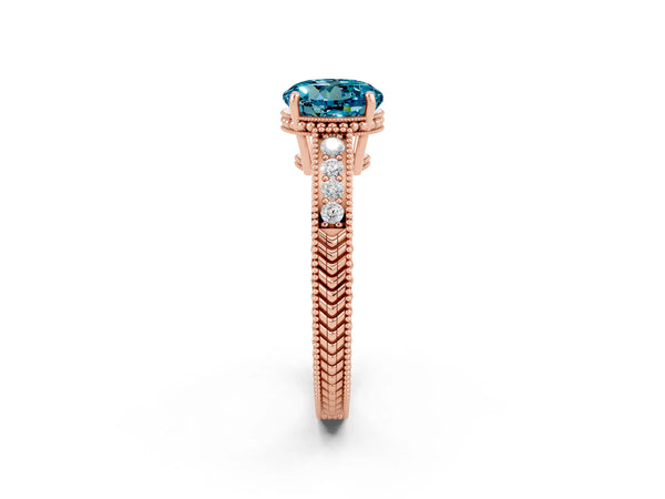 Rose gold Round Cut Blue Topaz Engagement Ring with Milgrain Channel Set Band and Prong Setting