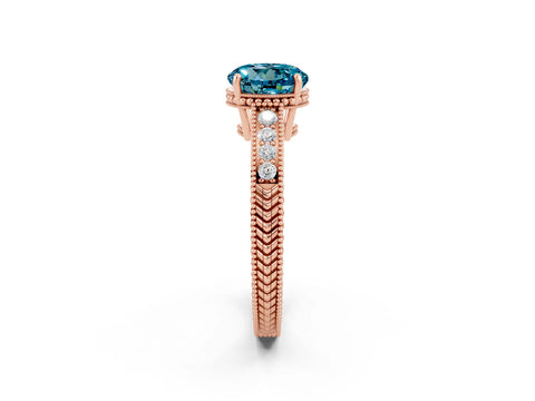 Rose gold Round Cut Blue Topaz Engagement Ring with Milgrain Channel Set Band and Prong Setting_2