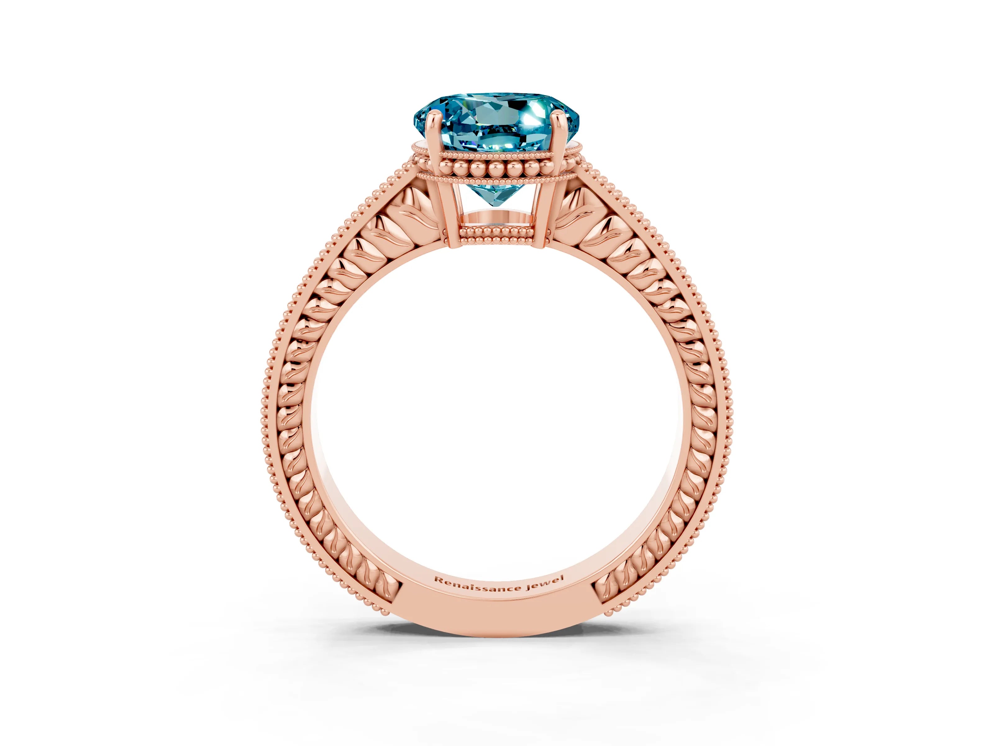 Rose gold Round Cut Blue Topaz Engagement Ring with Milgrain Channel Set Band and Prong Setting_3