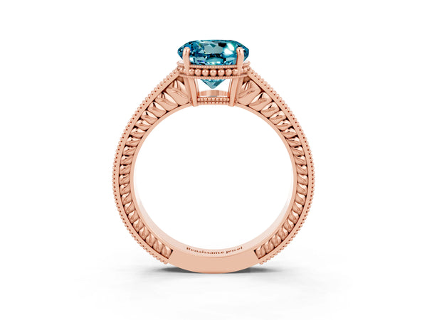 Rose gold Round Cut Blue Topaz Engagement Ring with Milgrain Channel Set Band and Prong Setting