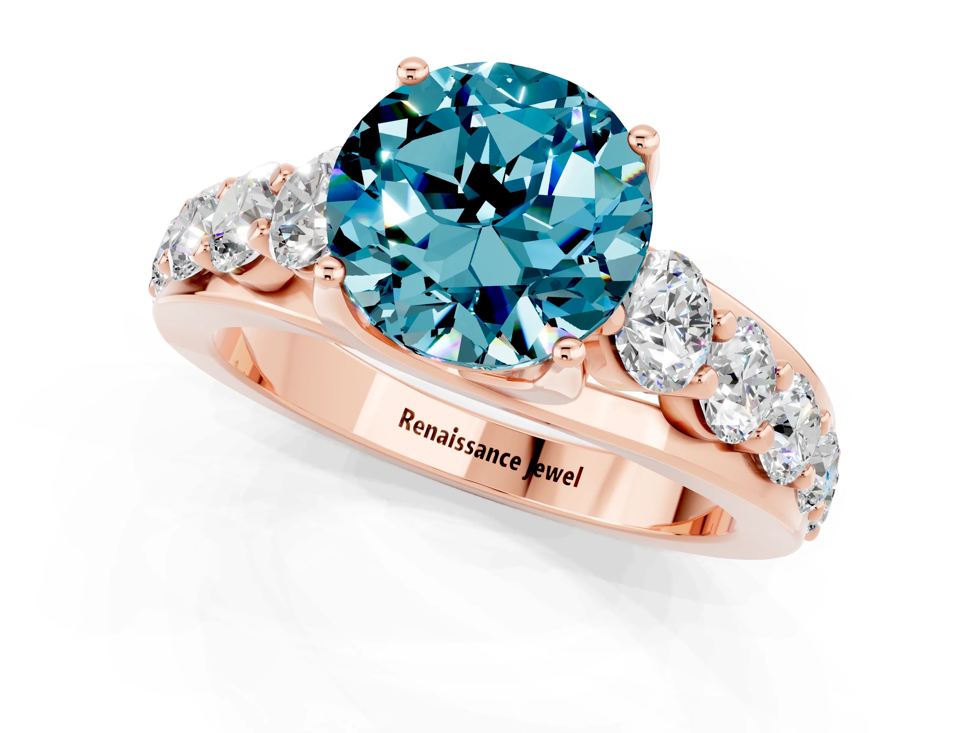 Rose gold Round Cut Blue Topaz Engagement Ring with Pavé Band and Four-Prong Setting_1