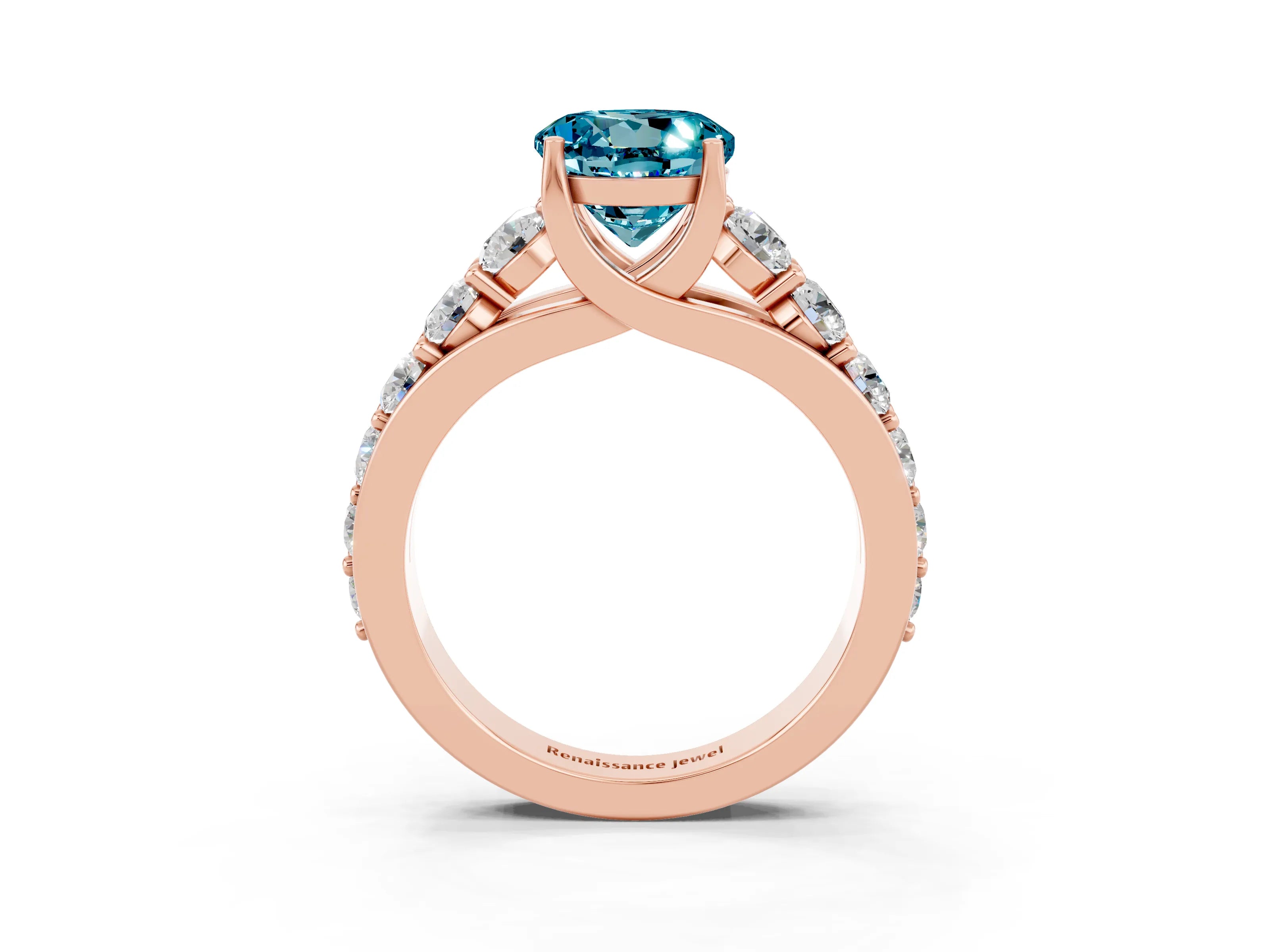 Rose gold Round Cut Blue Topaz Engagement Ring with Pavé Band and Four-Prong Setting_3